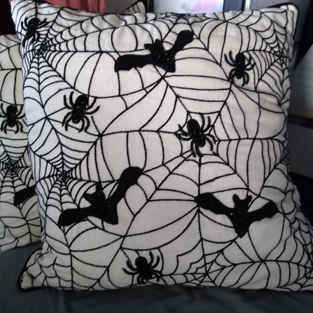 2 Hand beaded bats and spiders halloween luxury pillow made in India halloween